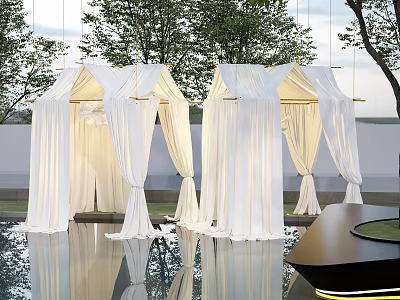 Elegant White Ceiling Drapes In Outdoor Area With Water Reflection 3d model