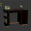 Dark Wooden Desk With Drawer Shelf Vintage Radio And Sculpture Decoration