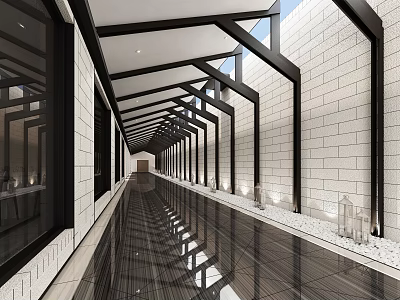 Modern Office Corridor With Long Black Framed Glass Windows White Brick Walls And Reflective Floor 3d model