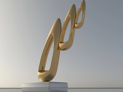 Elegant Garden Landscape Featuring Golden Curved Sculpture On Silver Base 3d model