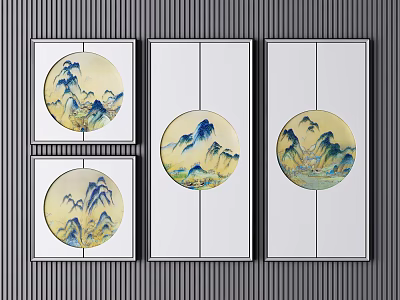 Decorative Wall Art With Circular Mountain Landscape Paintings White Frames Black Borders Gray Striped Background 3d model