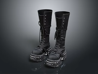 Fashionable Black Long Boots With Lace Up Design And Platform Sole Details 3d model