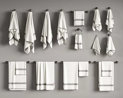 Bathroom Cabinet Rack with White Towels Featuring Gray Stripes Hanging on Rods in Various Sizes 3d model