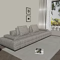 Plush Checkered Multi person Sofa In Living Room With Area Rug Artworks And Natural Light