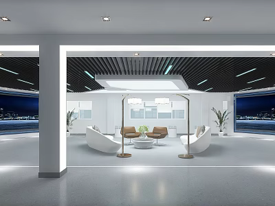 Modern Exhibition Hall Interior With Sofa Coffee Table Plants And Night View Windows 3d model