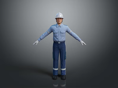 A Man in Blue Work Uniform With White Safety Helmet and Gloves Standing in Gray Background 3d model