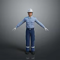 A Man in Blue Work Uniform With White Safety Helmet and Gloves Standing in Gray Background