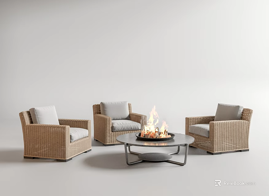 Wicker Outdoor Sofa Set With Gray Cushions And Fire Pit Table With Flames 3d model 