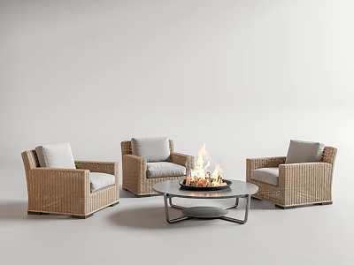 Wicker Outdoor Sofa Set With Gray Cushions And Fire Pit Table With Flames 3d model