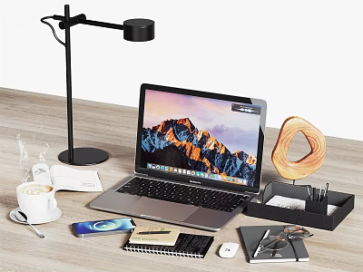 Modern Workspace Desk Setup With Laptop Desk Lamp Coffee Cup Donut Notebook Mouse And Glasses 3d model