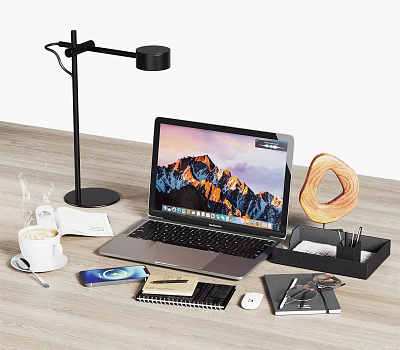 Modern Workspace Desk Setup With Laptop Desk Lamp Coffee Cup Donut Notebook Mouse And Glasses 3d model