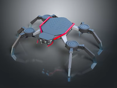 Mechanical Spider Robot Design With Multiple Legs Hexagonal Body And Red Accents Structure 3d model