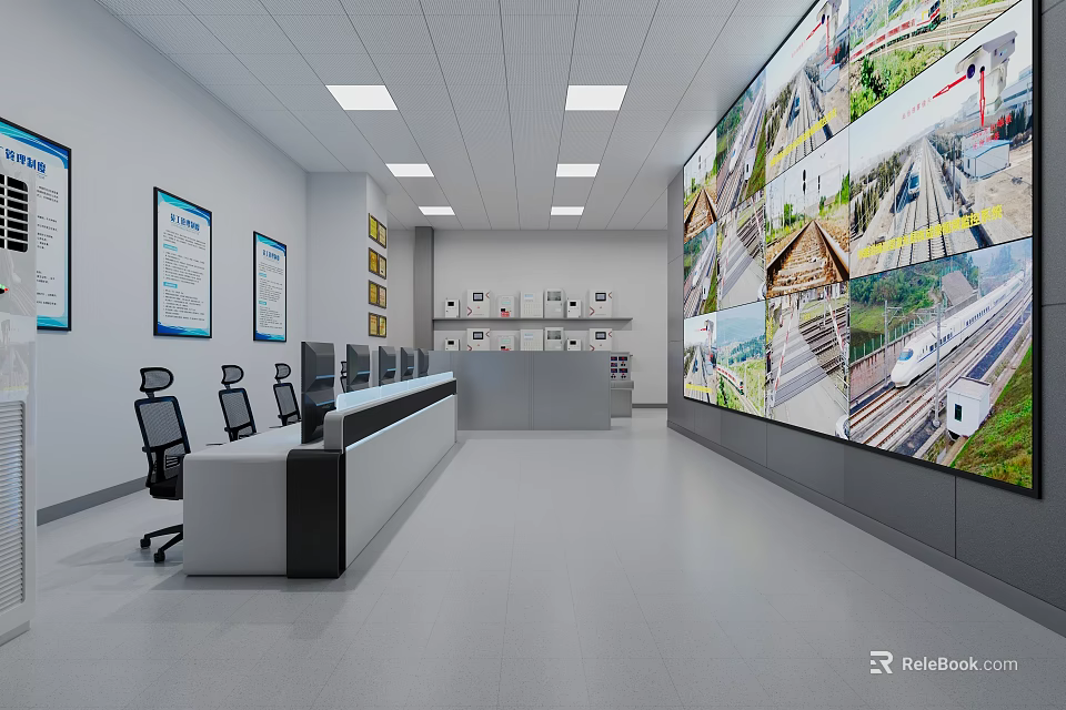 Office Control Room with Multiple Computer Monitors Large Surveillance Screen Charts and Office Chairs 3d model 