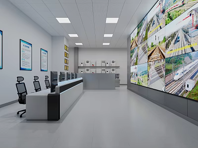 Office Control Room with Multiple Computer Monitors Large Surveillance Screen Charts and Office Chairs 3d model