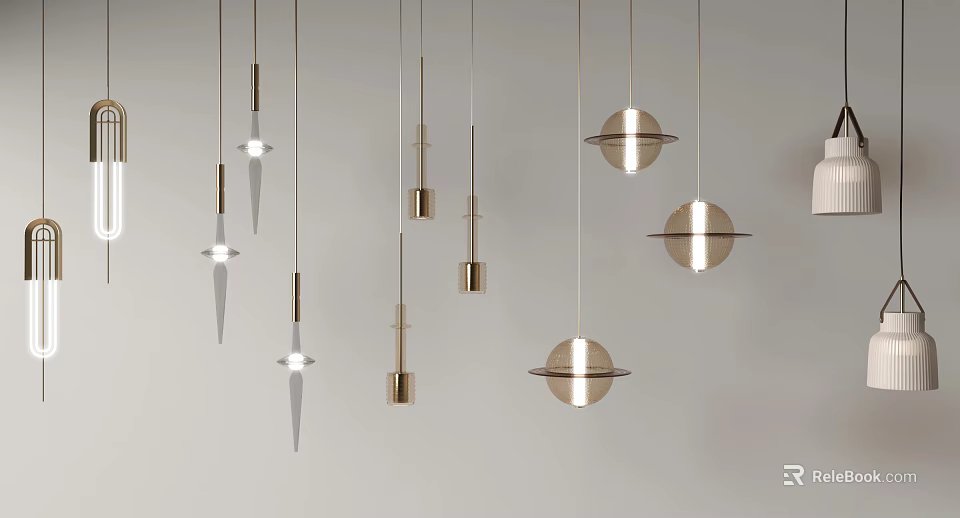 Modern Minimalist Chandeliers Featuring Metallic Spherical Shapes Hanging On White Background 3d model 