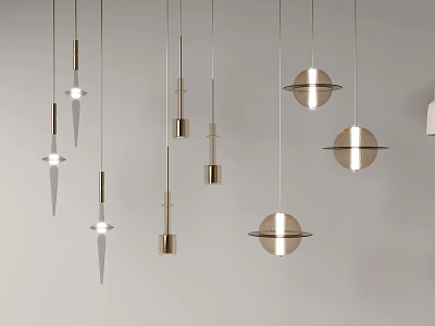 Modern Minimalist Chandeliers Featuring Metallic Spherical Shapes Hanging On White Background 3d model