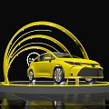 Yellow Car Showcased With Circular Yellow Arches And LED Lights On Reflective Floor