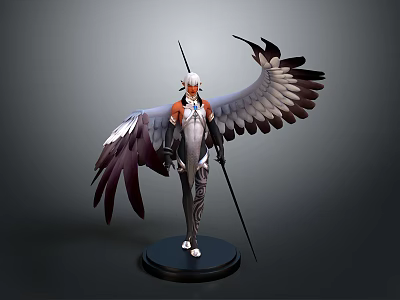 Mythical Character 3D Model With White Black Wings And Spear On Black Base 3d model