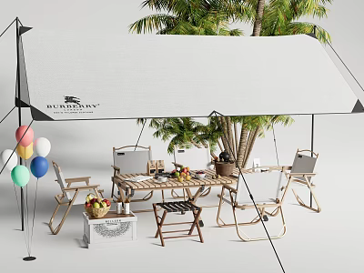 Outdoor Table Setup with White Umbrella Palms Hanging Chairs Colorful Balloons and Fruit Tableware 3d model