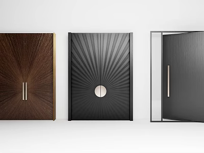 Modern Design Double Doors Featuring Wooden Grain Black Radiant Pattern And Metal Accents 3d model