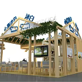 Wooden Exhibition Booth With Green Plants Top Tables Chairs And Screen