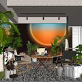 Cozy Leisure Area With Lush Green Plants Pebble Floor And Sunset Light Decor