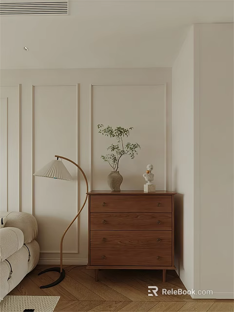 Minimalist Wooden Entryway Cabinet Sideboard With Potted Plant Lamp And Figurine On Paneled Wall 3d model 