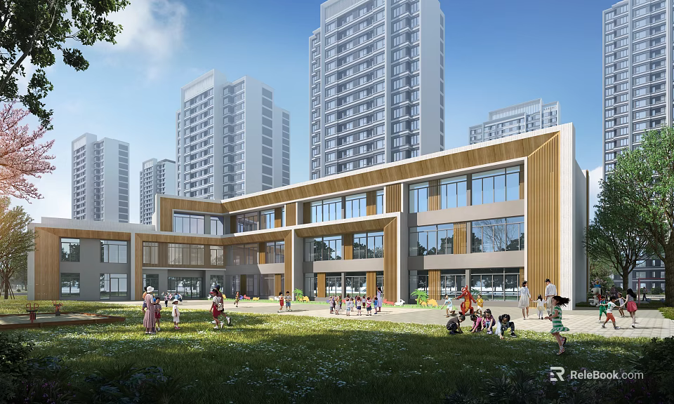 Modern School Building With Large Glass Windows Wooden Facade And Lawn Area For Children Playing 3d model 