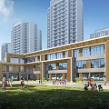 Modern School Building With Large Glass Windows Wooden Facade And Lawn Area For Children Playing