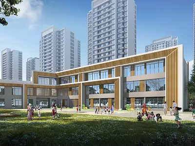 Modern School Building With Large Glass Windows Wooden Facade And Lawn Area For Children Playing 3d model