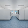 Clean Modern Laboratory Corridor With White Equipment Cabinets Blue Carpet And Strip Lights