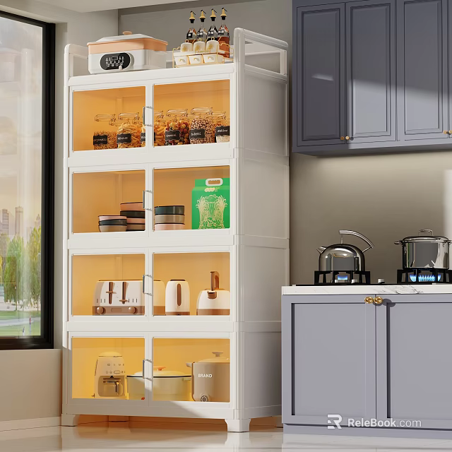 Modern White Kitchen Storage Rack With Illuminated Shelves Grey Cabinets And Kitchen Items 3d model 