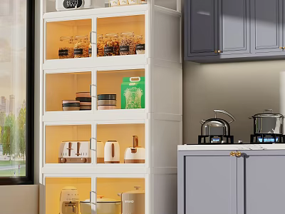 Modern White Kitchen Storage Rack With Illuminated Shelves Grey Cabinets And Kitchen Items 3d model