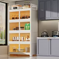 Modern White Kitchen Storage Rack With Illuminated Shelves Grey Cabinets And Kitchen Items 3d model