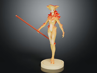 Detailed Fire Elemental Character Standing With Red Staff And Flame Patterns On White Base 3d model