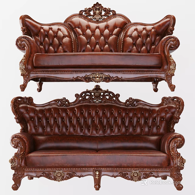 Vintage Brown Leather Two-Seater Sofa With Tufted Back And Ornate Carved Details 3d model 