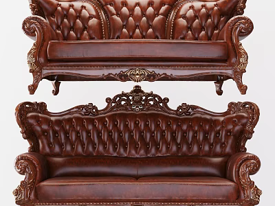 Vintage Brown Leather Two-Seater Sofa With Tufted Back And Ornate Carved Details 3d model