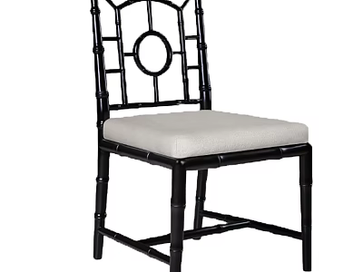 Black Frame Bamboo Style Chair With Light Gray Cushioned Seat And Round Back Design 3d model