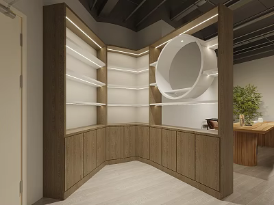 Modern Wooden Display Shelves With Open Storage And LED Lighting In Showroom Space 3d model