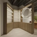 Modern Wooden Display Shelves With Open Storage And LED Lighting In Showroom Space