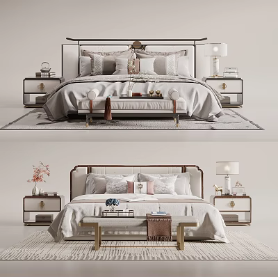 Elegant Modern Double Bed Design With Headboard Bedside Tables Lamps Decorative Pillows Bench And Rug 3d model