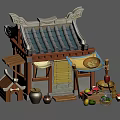 Ancient Traditional Building With Tiled Roof Wooden Structure Stall Lantern And Fruit Baskets
