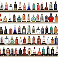 Colorful Liquor Bottles and Glasses Display with Various Styles on Shelves