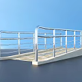 Blue Railed Pedestrian Walkway With Checkerboard Pattern Floor And Metal Railings