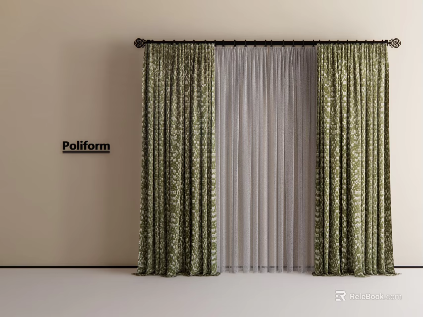 Poliform Modern Green Patterned Curtains With White Sheer Window Layers Design 3d model 