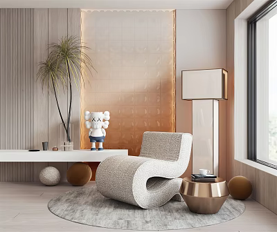 Curved Single Seater Sofa With Textured Fabric Floor Lamp Small Figurine And Decorative Balls 3d model