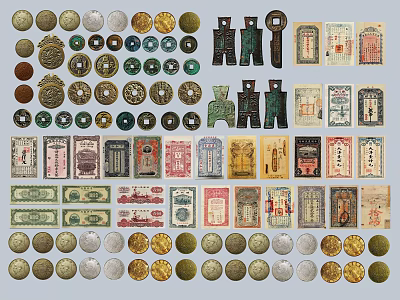 Vintage Collection Featuring Ancient Coins Jade Artifacts and Old Banknotes 3d model