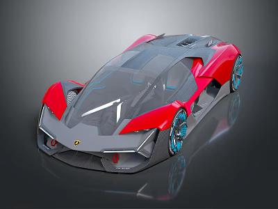 Red and Gray Sleek Futuristic Supercar With Transparent Roof And Blue Wheels 3d model