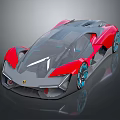 Red and Gray Sleek Futuristic Supercar With Transparent Roof And Blue Wheels