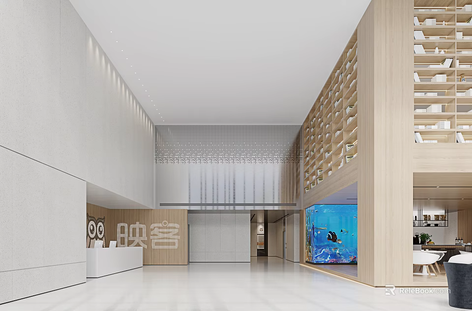 Modern Lobby Front Desk Reception with White Desk Wooden Screen And Fish Tank Elegant Design 3d model 